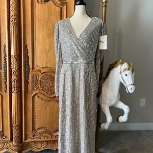 NWT Mac Duggal 93676 [20] Silver Beaded Lace Long Sleeve Midi Dress Cocktail